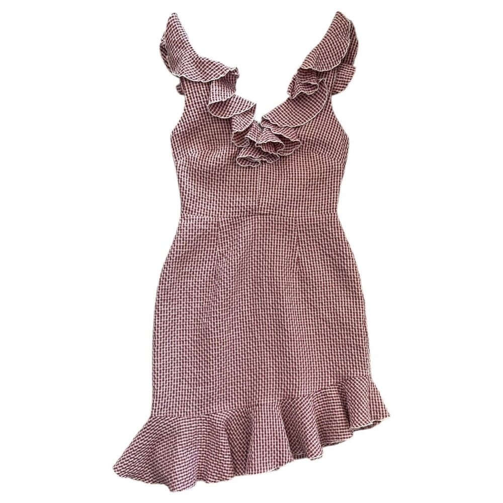 Wayf Gingham Ruffle Asymmetric Mini Dress‎ Red S Twee Feminine Romantic